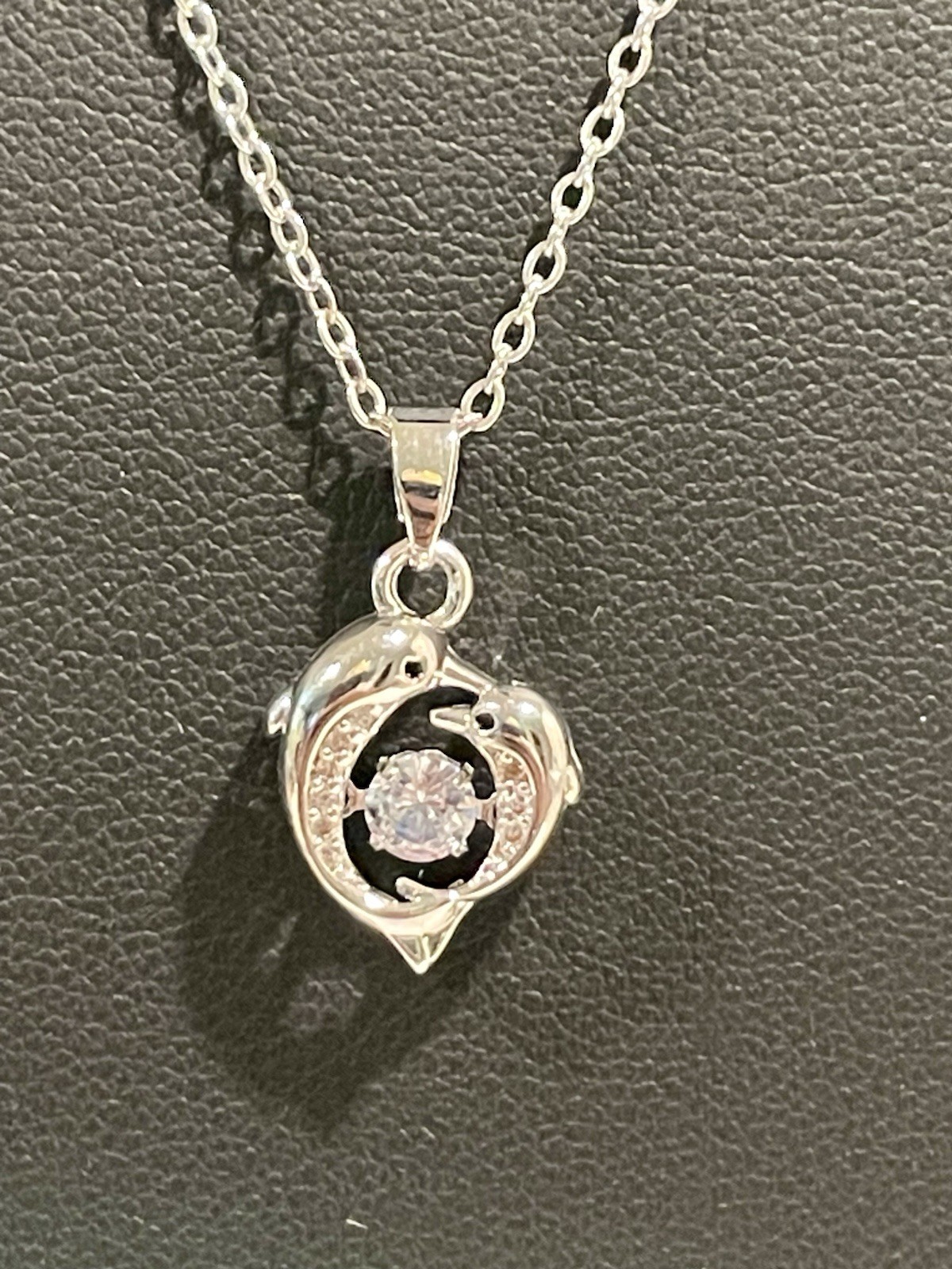Dolphin Pendant Necklace with Clear Gemstones in Silver and Dancing Middle Gem