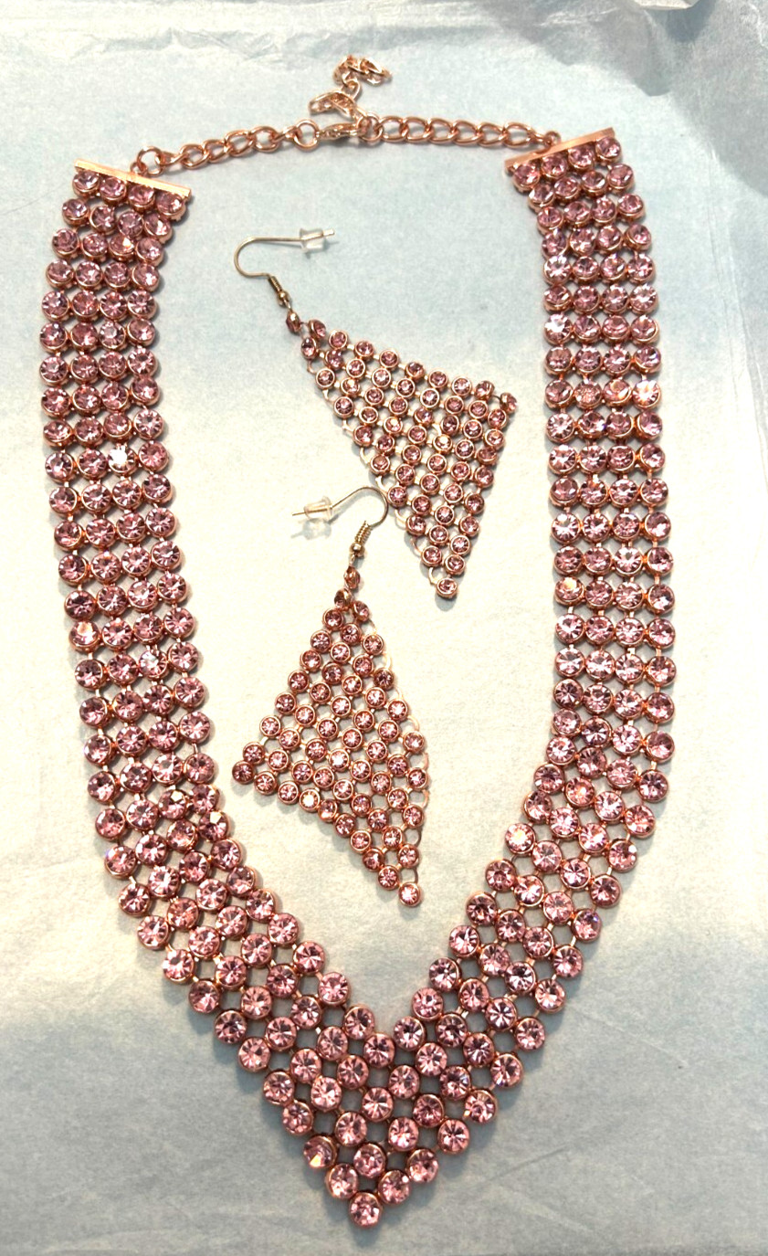 Pink Austrian Crystal Earrings and Princess Necklace 16-20 In. Rosetone #JN-1199