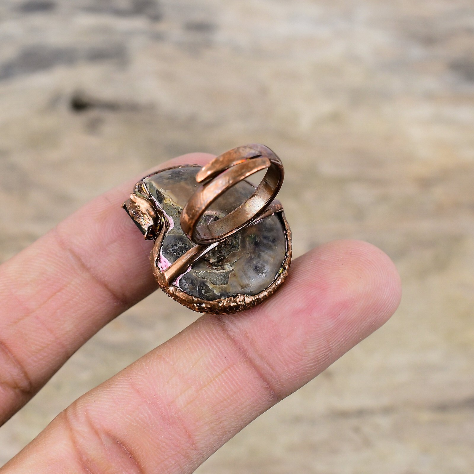 Ammonite Fossil Copper Electroformed Solitaire Adjustable Ring Size Adjustable