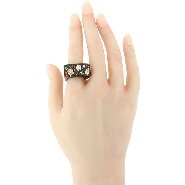 CHANEL Coco Mark Ring Logo Plastic Black Vintage Icon Camellia No.5 Women
