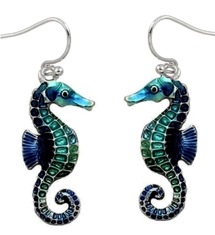 Blue Enameled Silvertone Seahorse Earrings Gift Boxed Sea Horse Fashion Jewelry