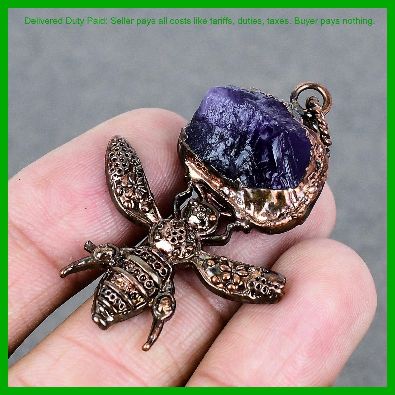 Pentagon African Amethyst Rough Gemstone Artisan Wedding Pendant Jewelry Copper
