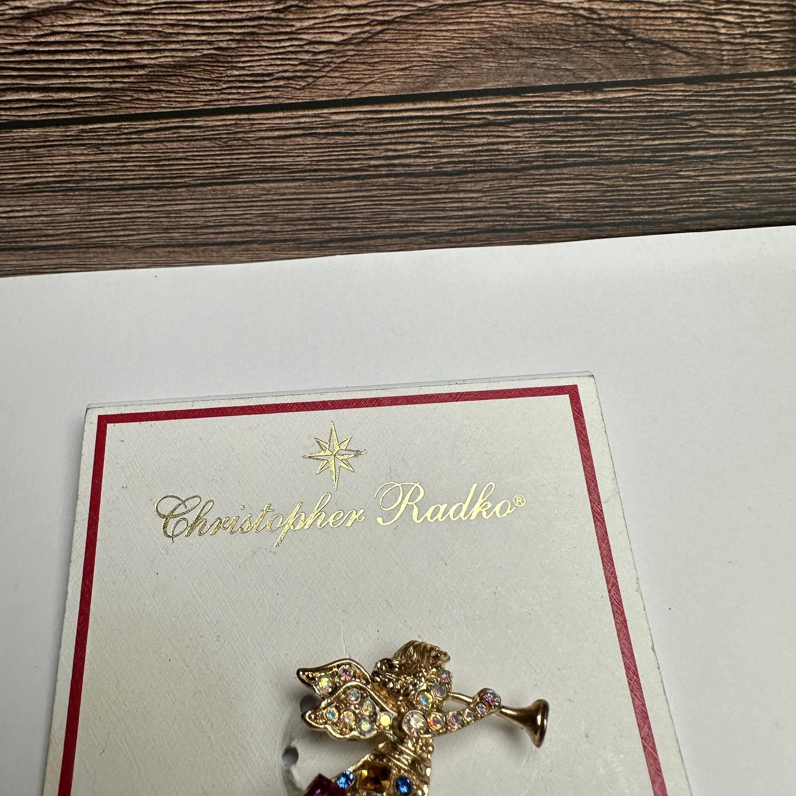 Christopher Radko Rhinestone Angel Multi Color Christmas Gold Tone Brooch Pin