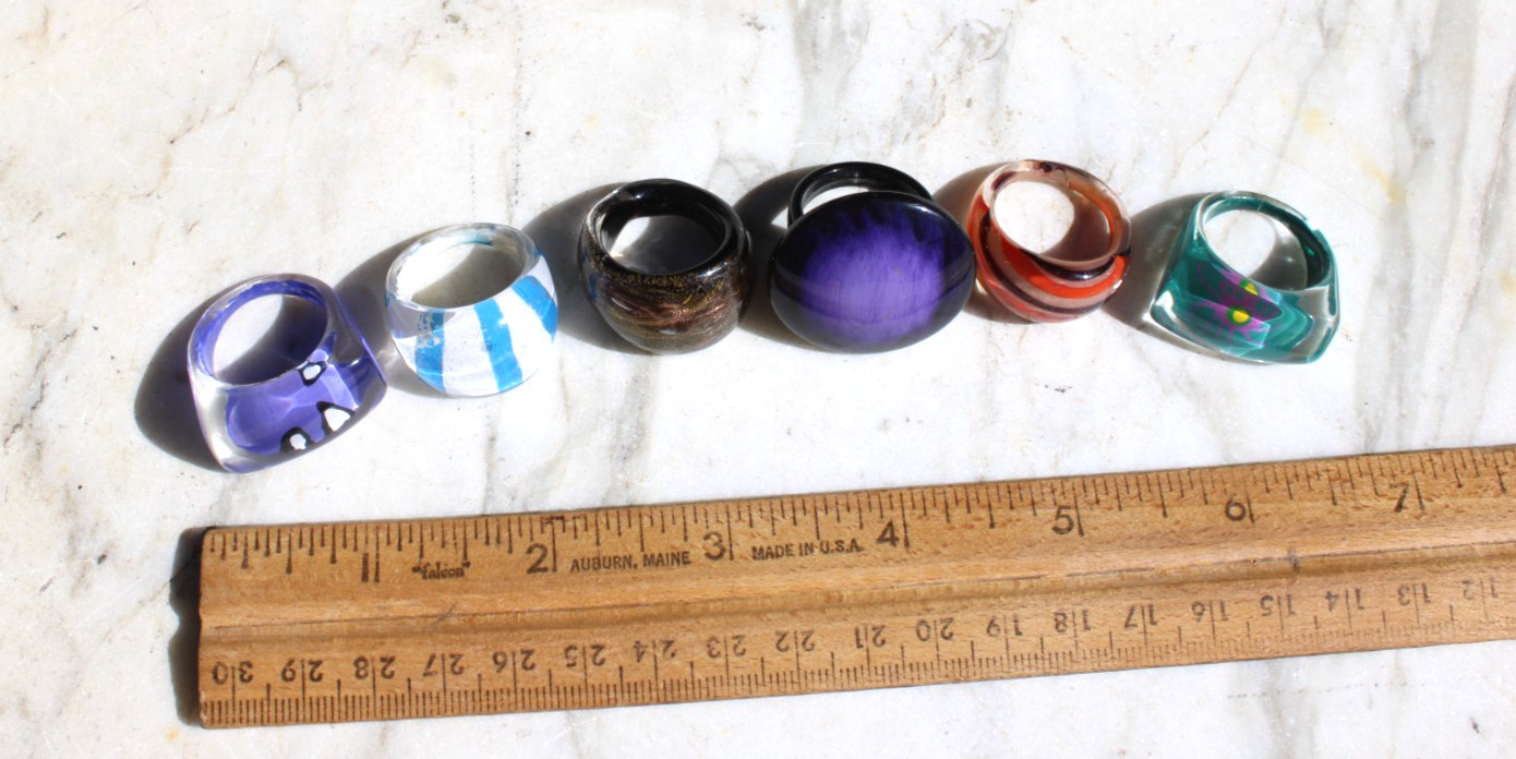 Rings, Lampworked Glass, Plastic Multicolored Dome Rings Set of 6