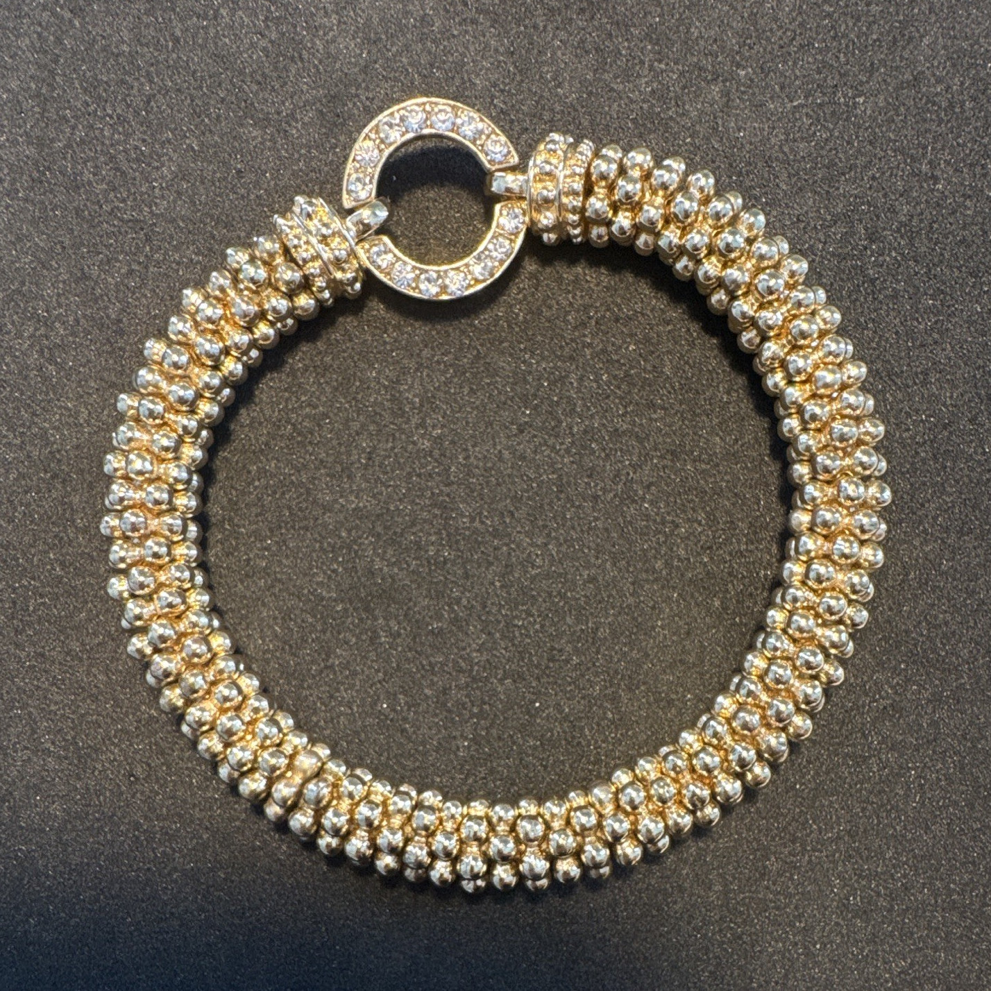 Gold Tone Beaded Ball Bracelet Pavé Crystal Round Circle Hook Clasp