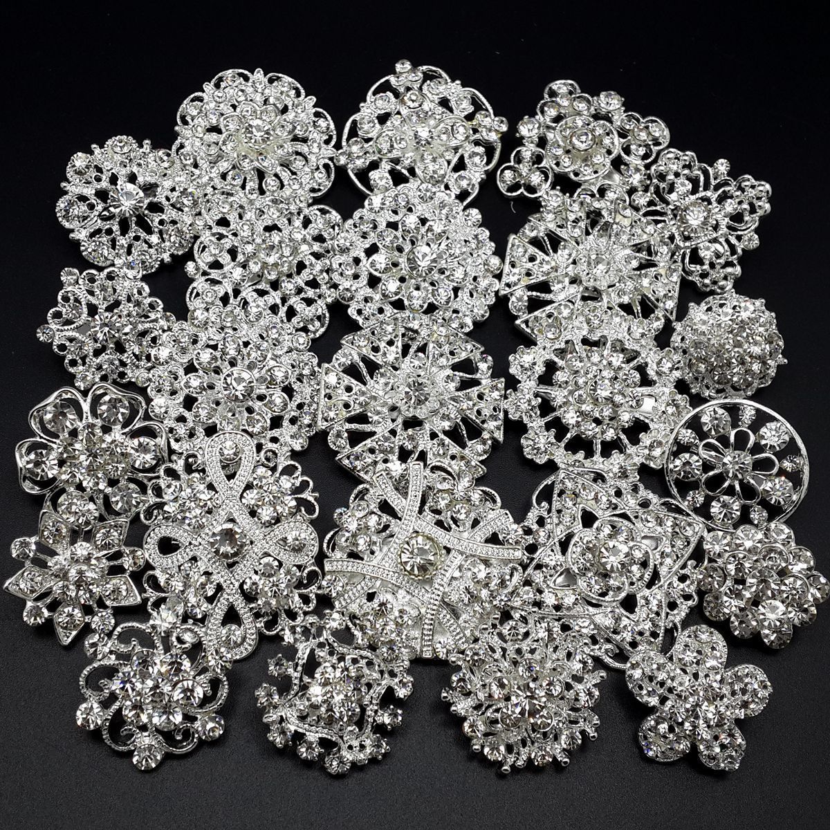 Lot 24 pc Mixed Alloy Sliver Rhinestone Crystal Brooch DIY Wedding Bouquet