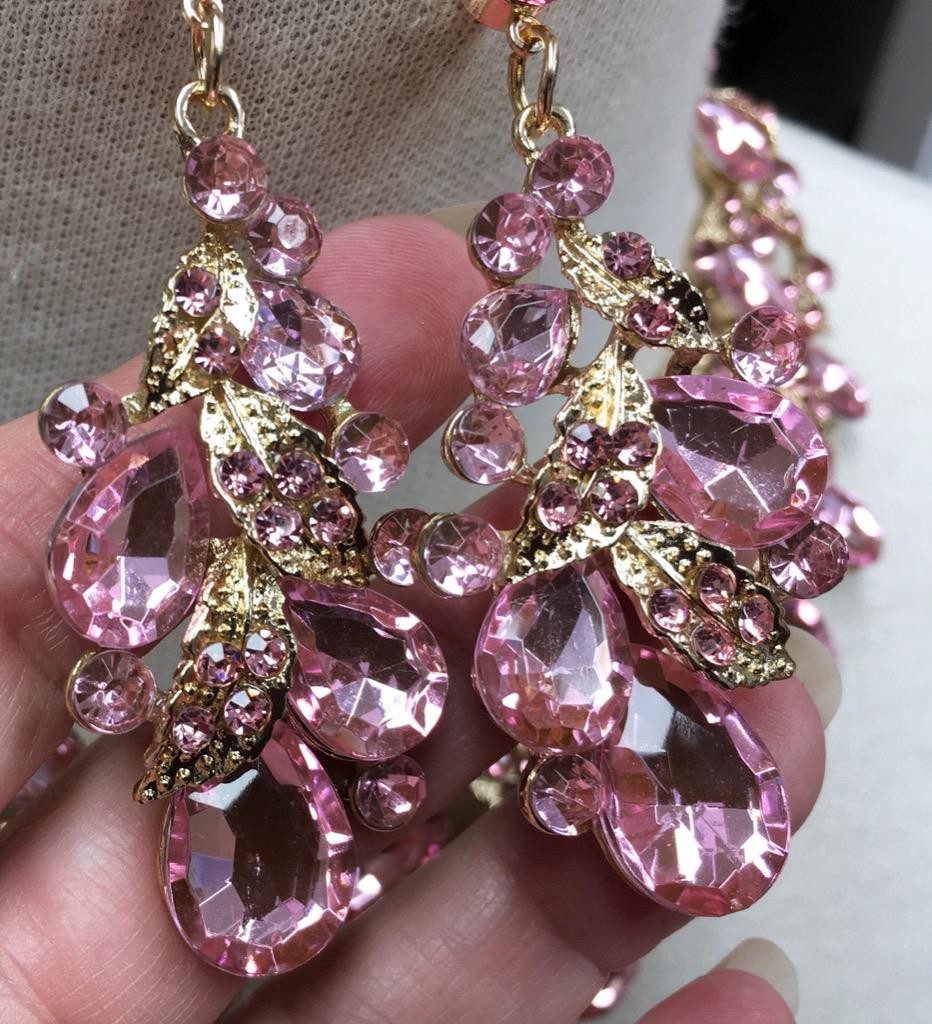 Waterfall Necklace Set Pink crystal Rhinestone Bib cluster Statement Earrings vt