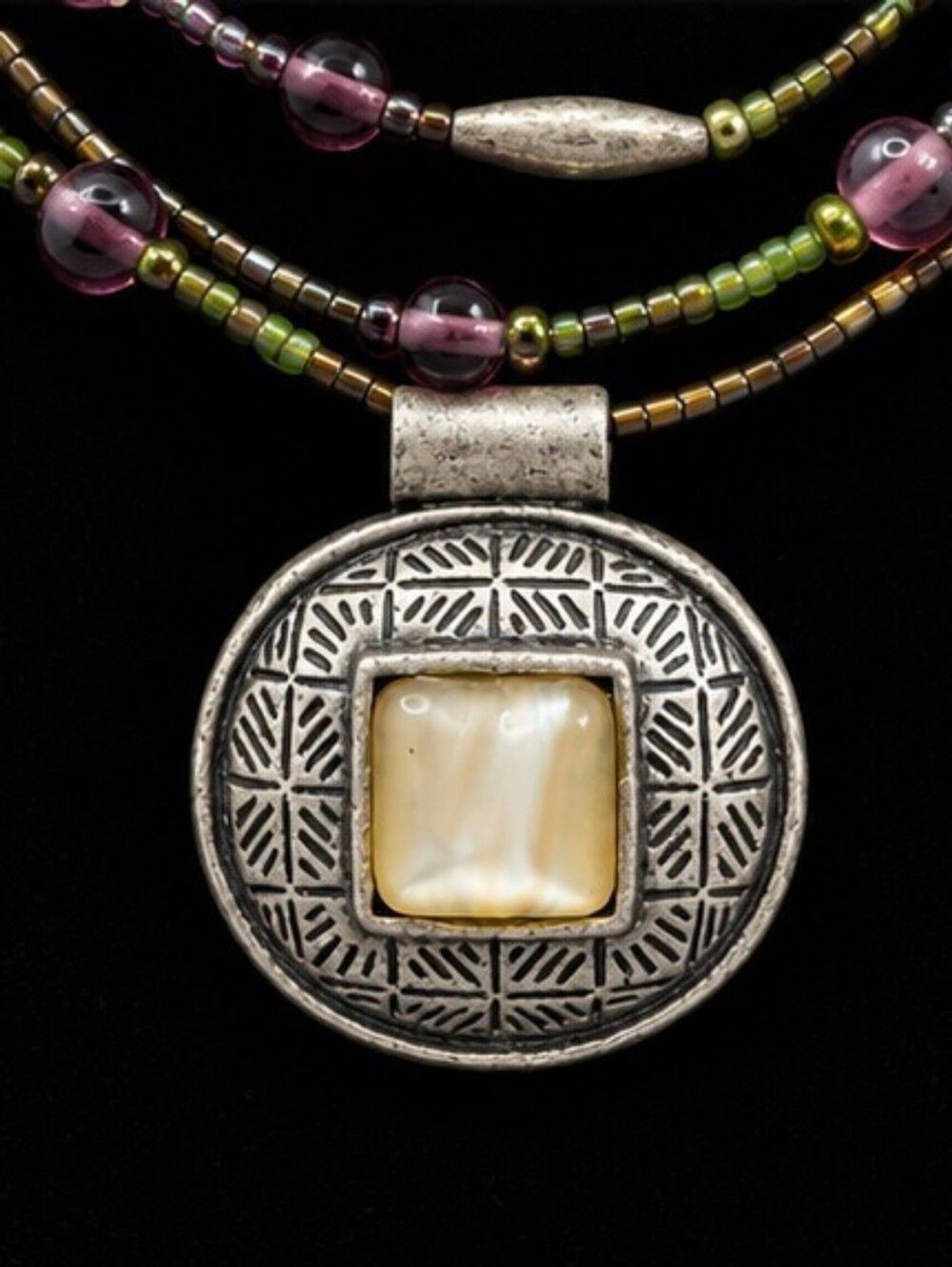 Chico’s Layered Beaded Necklace Mixed Metals Purple Green Artisan Pendant Boho