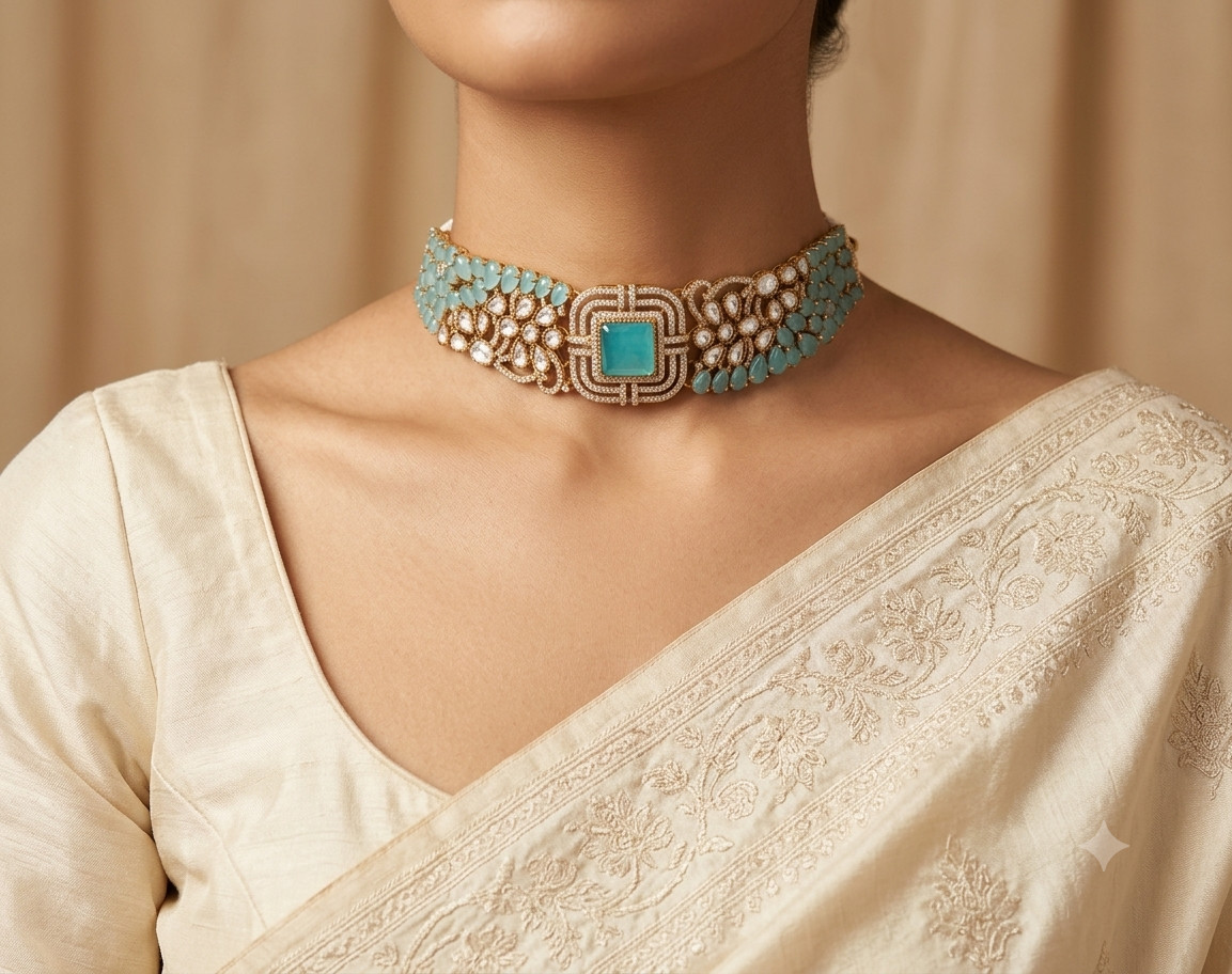 Nida Modest Aqua Blue Contemporary Kundan Choker Set with Earrings Roz Jewellers