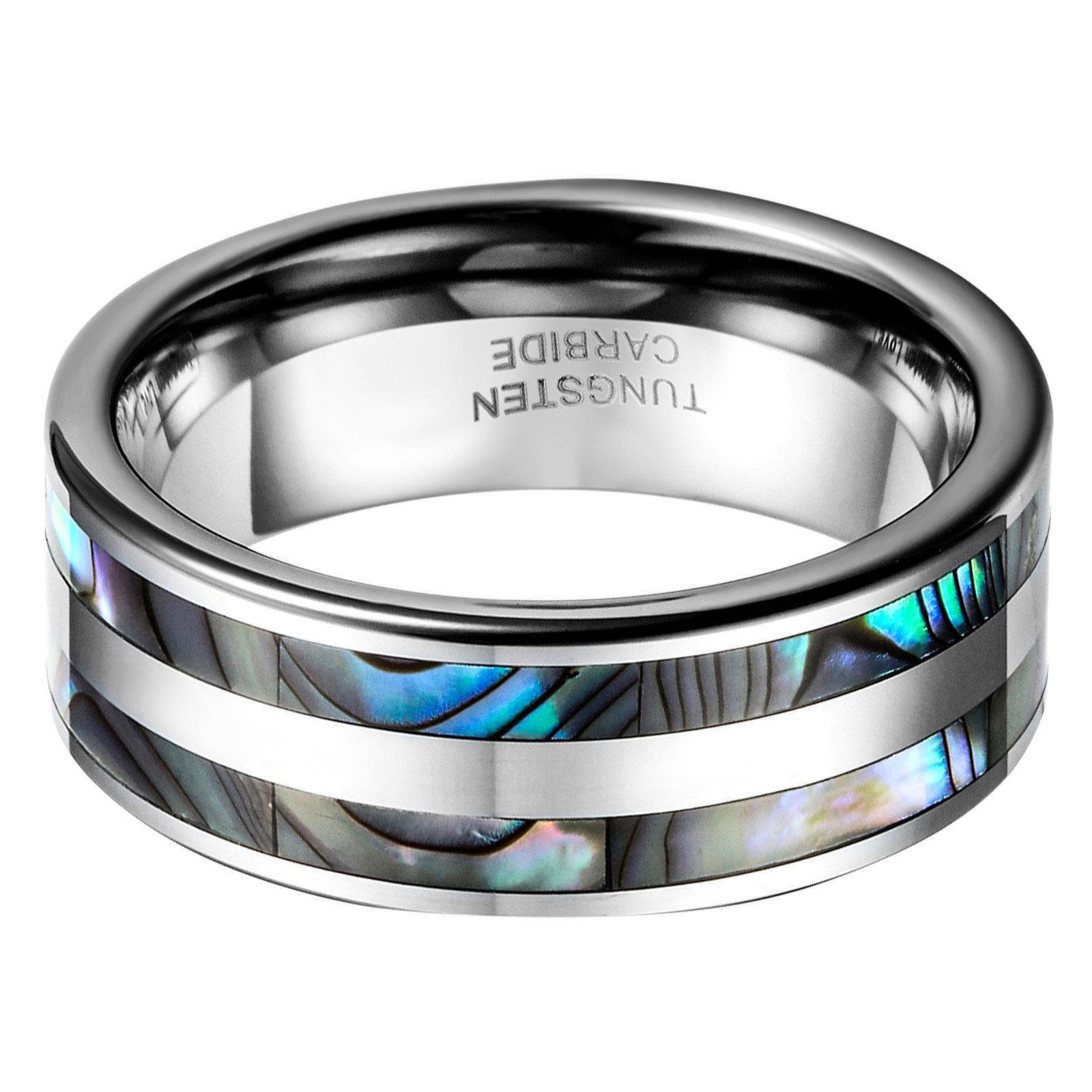 Comfort Fit Tungsten Carbide Ring Black Double Abalone Shell Inlay Wedding Band
