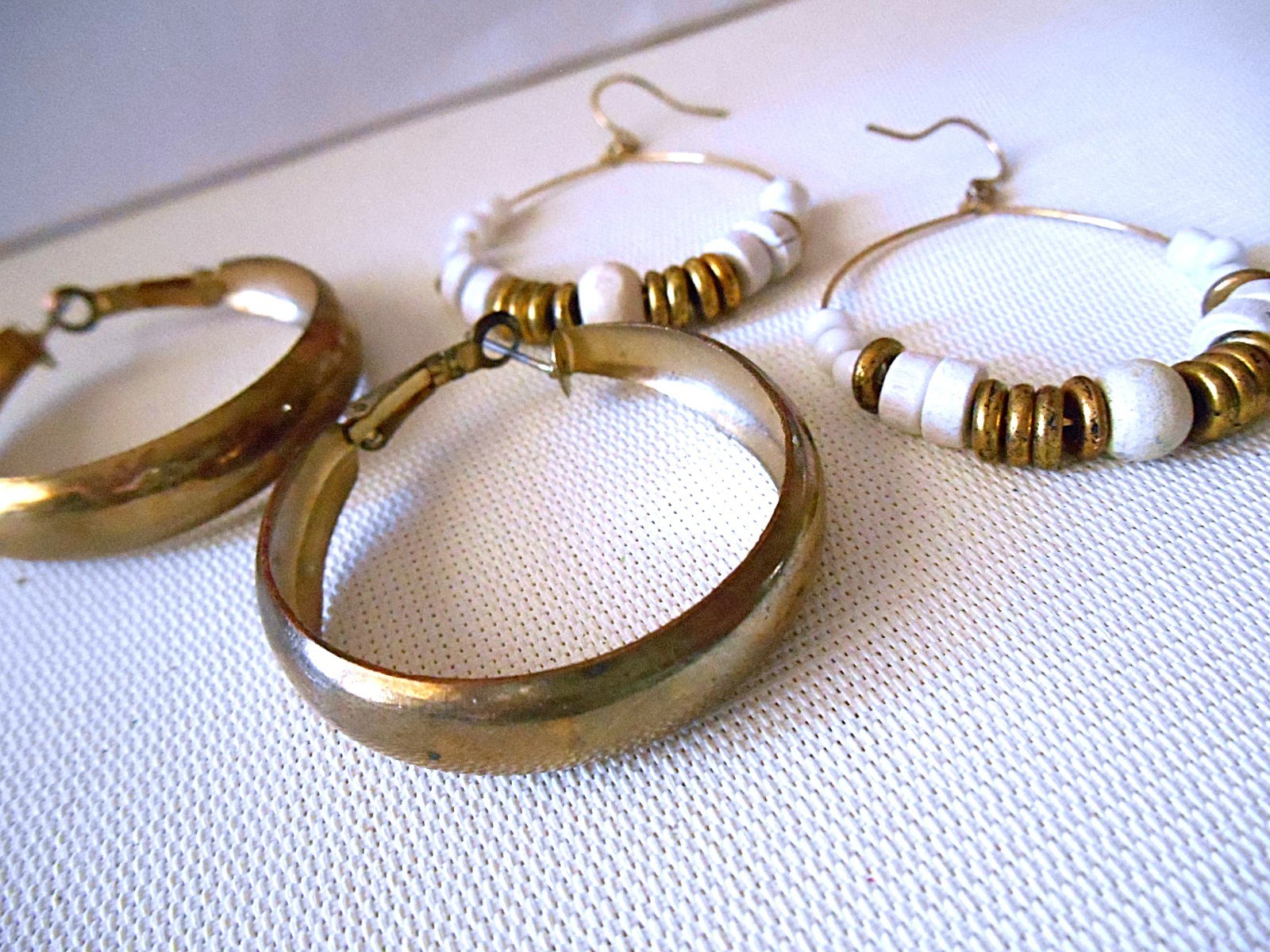 2 Pair – Bronzetone / Goldtone White Hoop Pierced Earrings