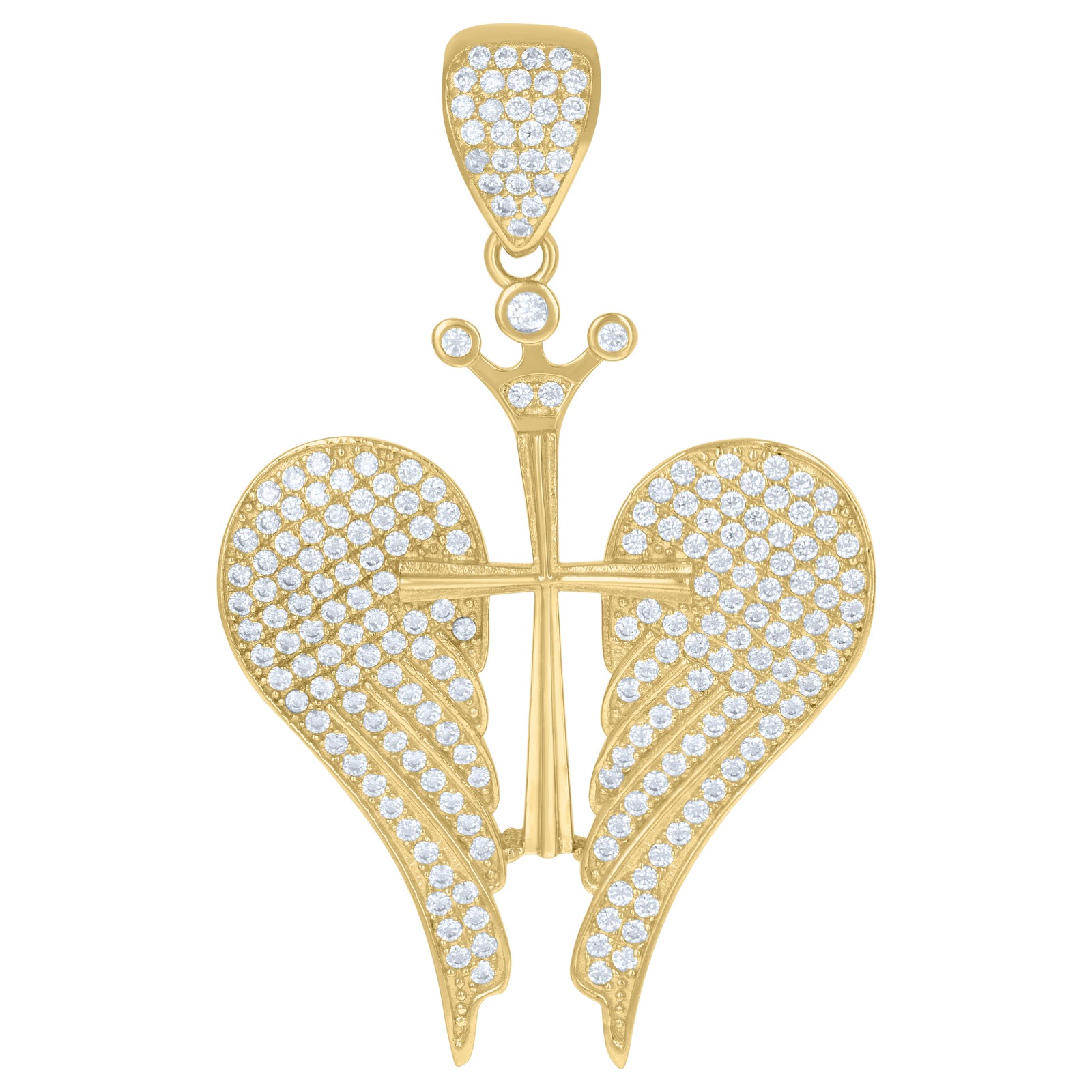10K Yellow Gold Iced Out CZ 1.85″ Religious Charm Cross w/ Wings & Crown Pendant