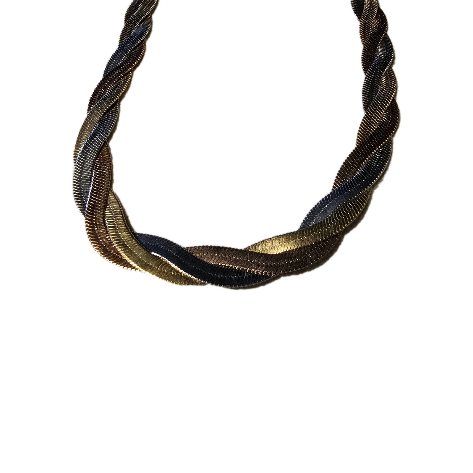 Statement Necklace Twisted Herringbone Braided Flat Chain Tri-Tone Adjustable