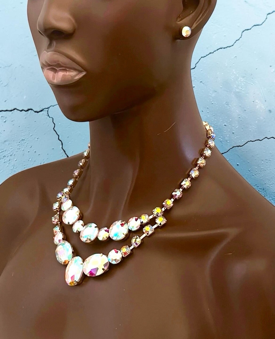 Classy Aurora Borealis Crystals Elegant Basic Evening Necklace Earrings Set