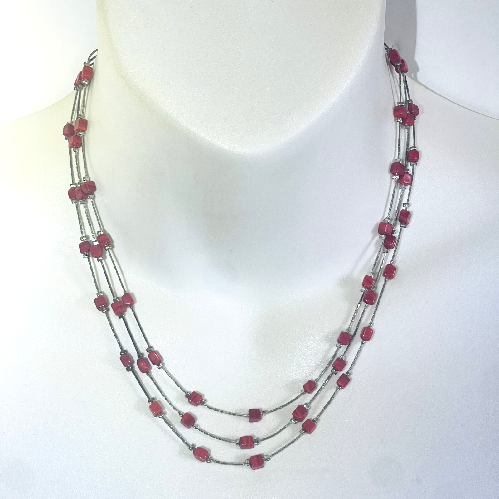 ZAD Beaded Multi Strand Red Stone Silver Tone 16″ Necklace 2.5″ Extension