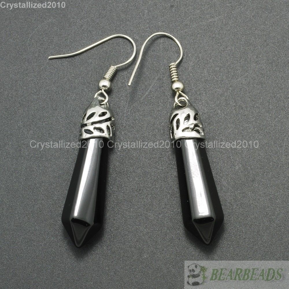 Natural Gemstone Hexagonal Pointed Reiki Chakra Healing Beads Silver Earrings