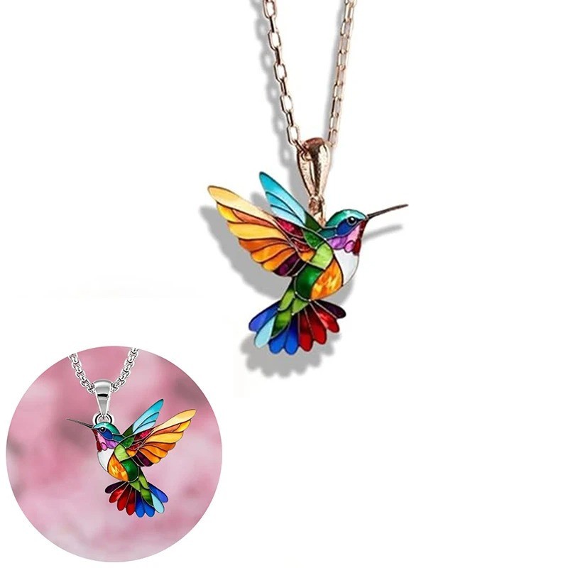 Colorful Hummingbird Pendant Necklace Rainbow Enamel Bird Charm Women Gift Chain