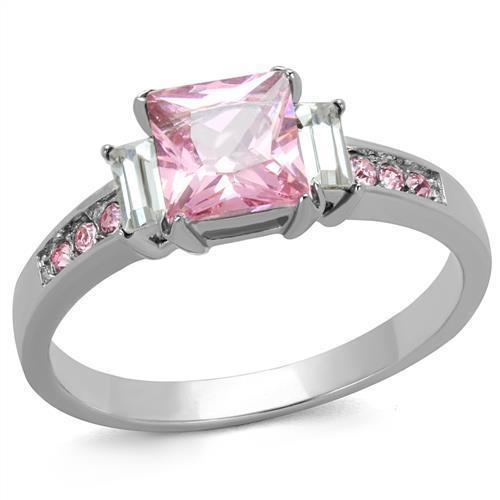 Princess Pink Rose Created Sapphire CZ Accents Stainless Steel Engagement Ring