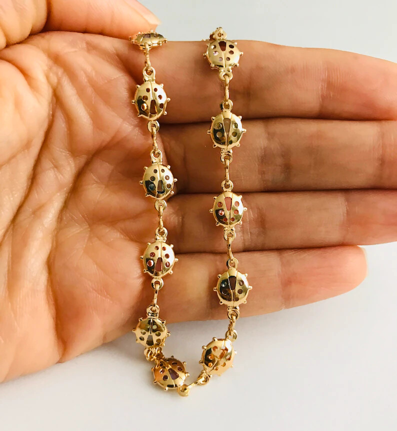 18K Gold Filled Ladybug Anklet 10″ Long For Good Luck and Money – BR203-10