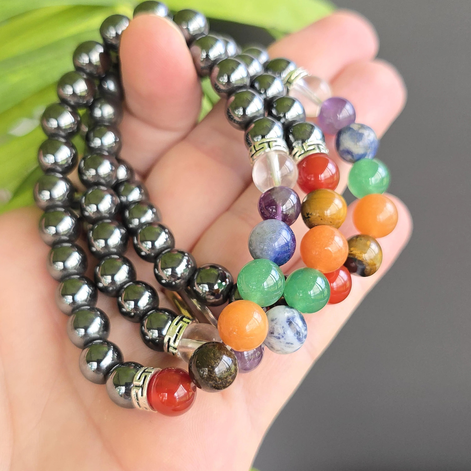 Seven Chakra Stone Hematite Bracelet: Handmade Gemstone Beaded Bracelet