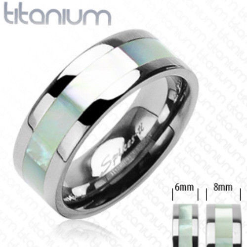 Solid Titanium Ring Mother of Pearl Inlay Size 5,6,7,8,9,10,11,12,13,14 (FL15)