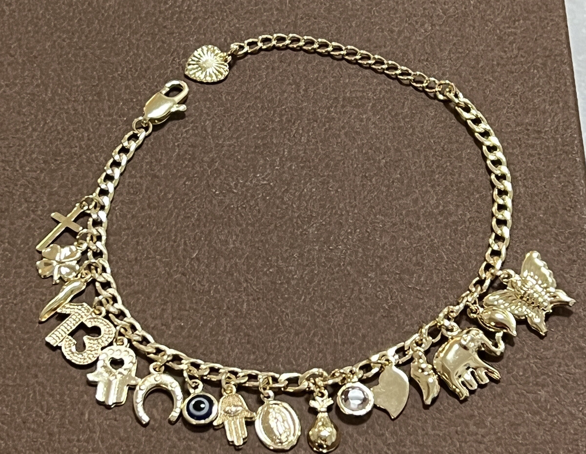 Lucky Charm Bracelet 7” Adjustable, Gold Filled Italian Horn,Butterfly,Elephant