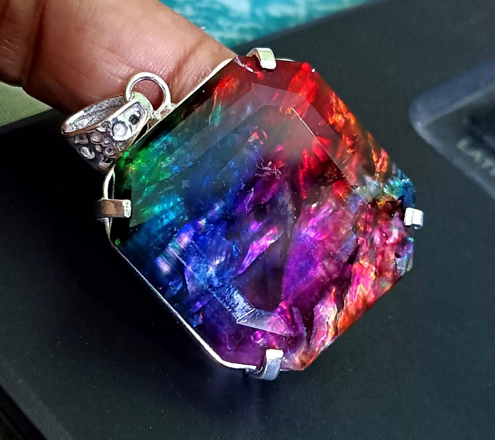 Ammolite Natural Pendant 90.24 Ct Loose Gemstone Asscher Cut 925 Sterling Silver