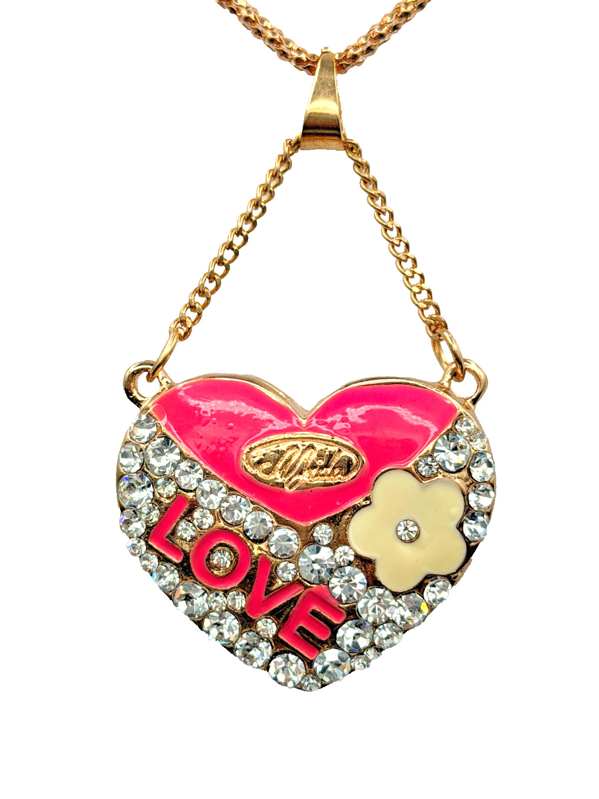 Betsey Johnson Pink Love Heart Crystal And Enamel Pendant Chain Necklace | 28in