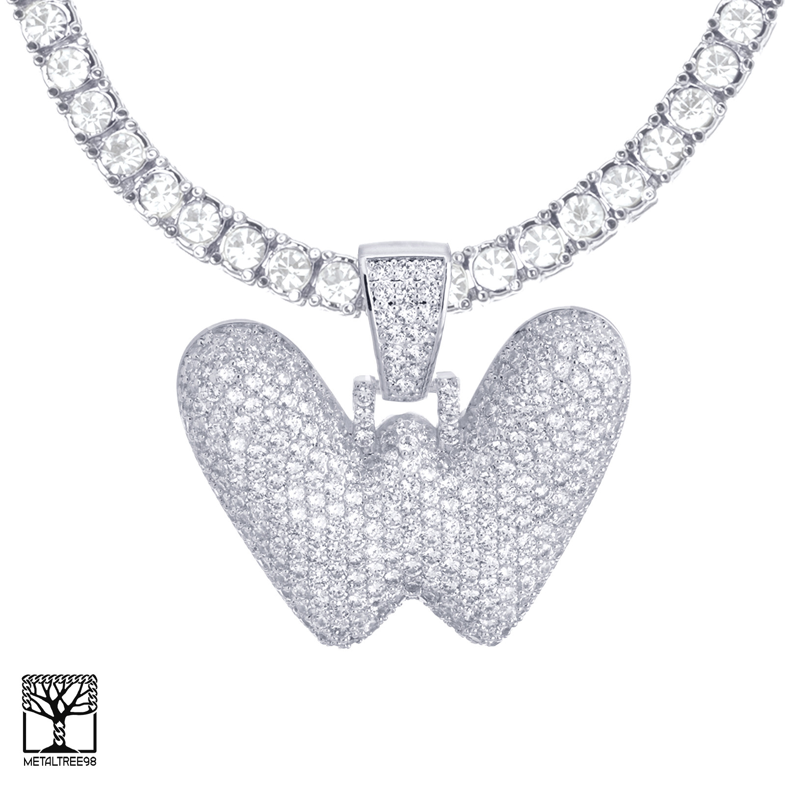 Bubble Letter W Initial Silver Plated Iced Pendant CZ 24″ Tennis Chain Necklace