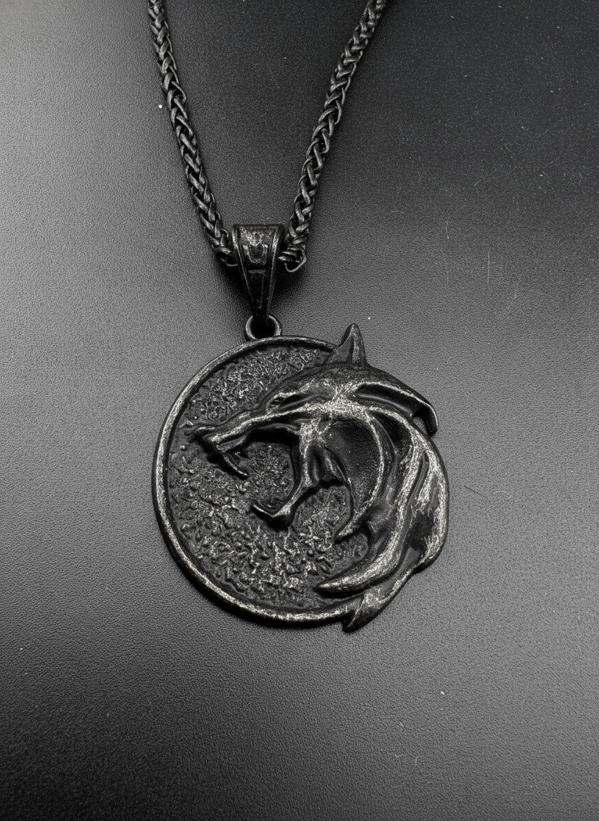 Viking Wolf Head Pendant Necklace in Aged Black