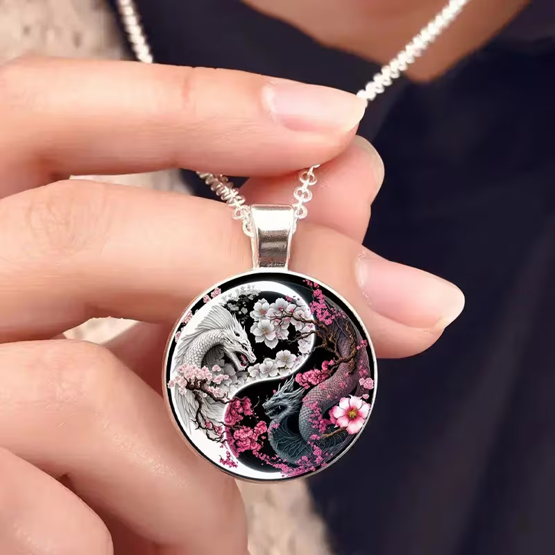 Dragon Yin-Yang Round Necklace Jewelry Magical Gothic Pendant