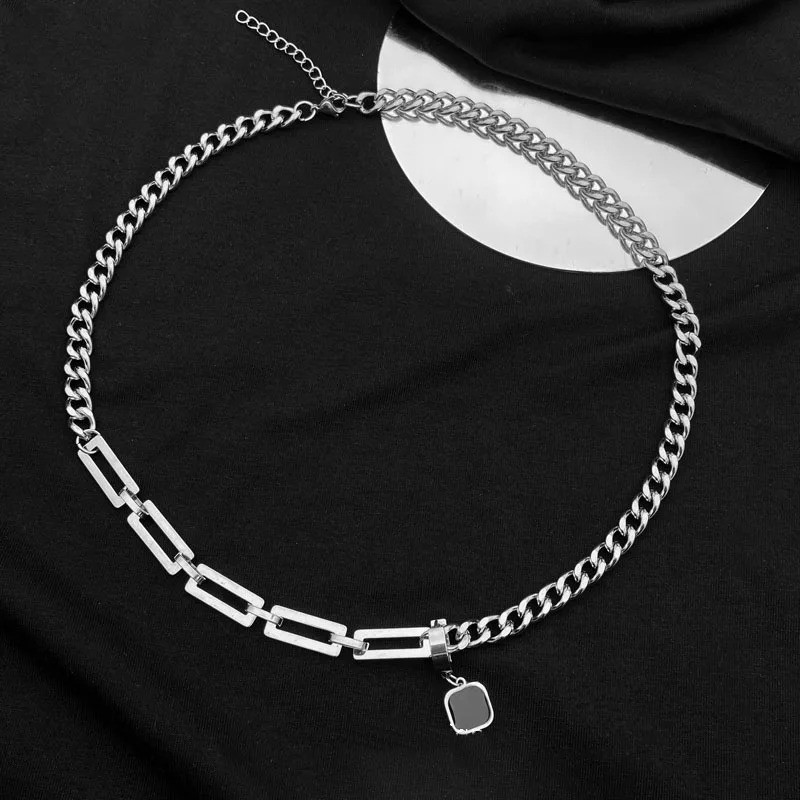 316L Stainless Steel Black Tag Pendant Necklace Curb Paperclip Chain
