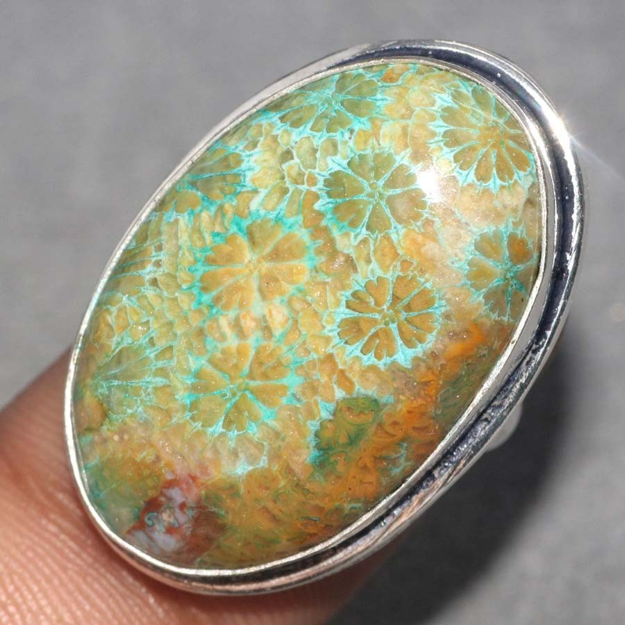925 Silver Plated Blue Fossil Coral Ring US 6.5 Trendy Jewelry Fashion Sale MJ