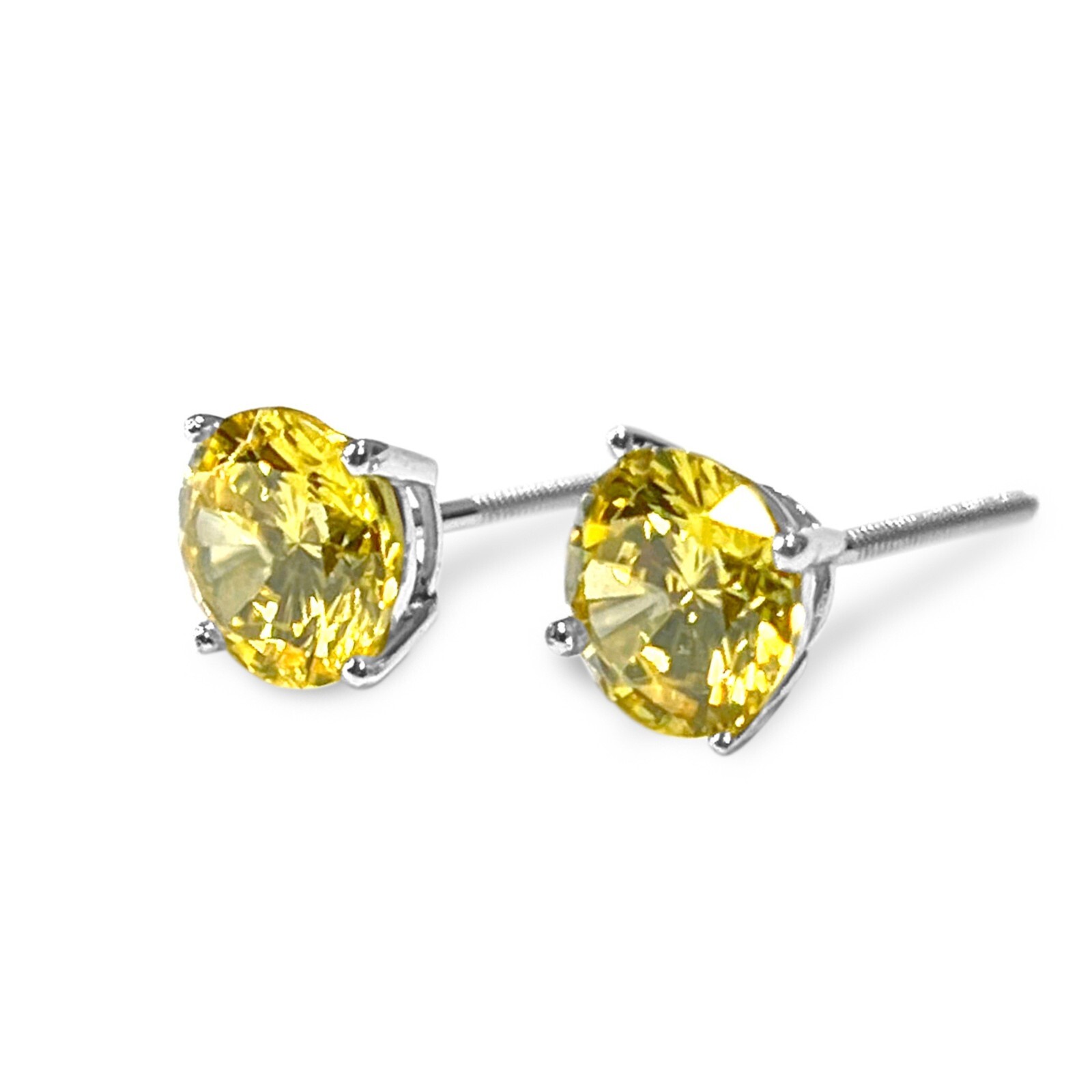 14K Solid White Gold Stud Earrings, Yellow Canary Earrings, 2tcw, Screw Back