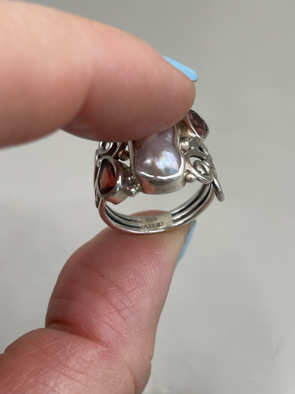 Sterling Silver 925 Signed ATI Pearl Garnet 6.5 Women’s Statement Ring