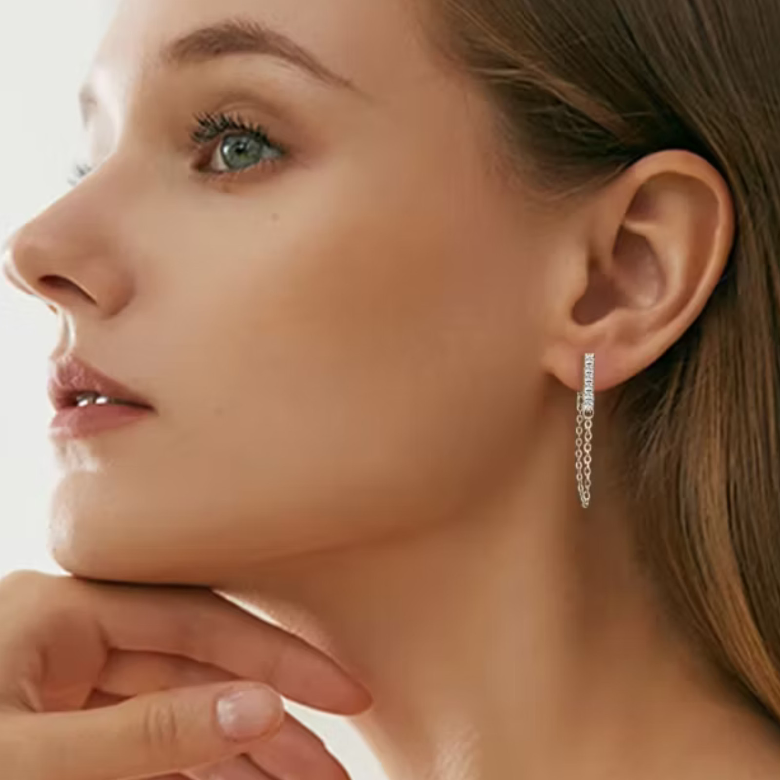 Moissanite Bar Chain Drop Earrings | Sterling Silver | 14K White or Yellow Gold