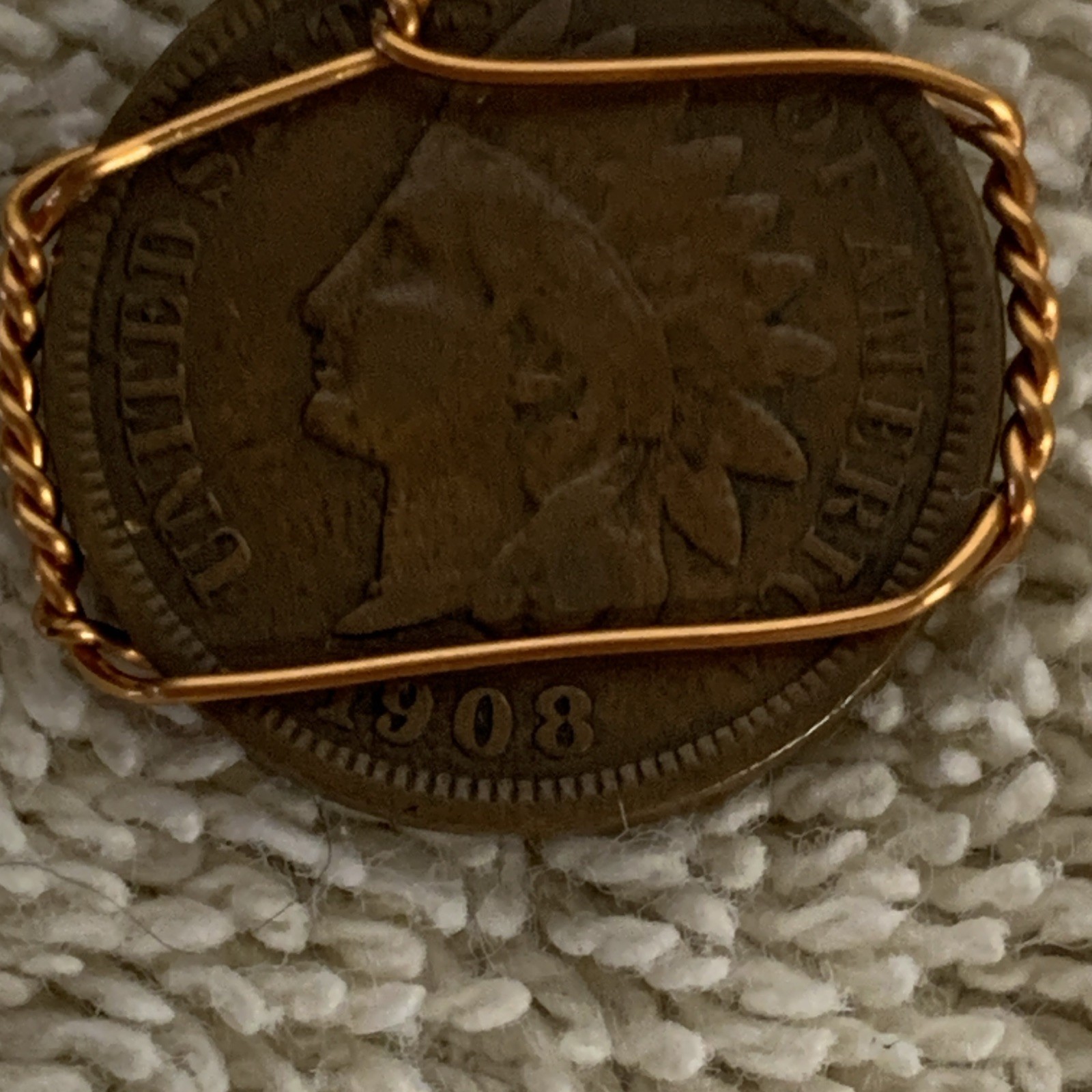 One Cent Indian Head Coin Pendant Necklace 1908 Wire Wrapped Engraved Gold Tone