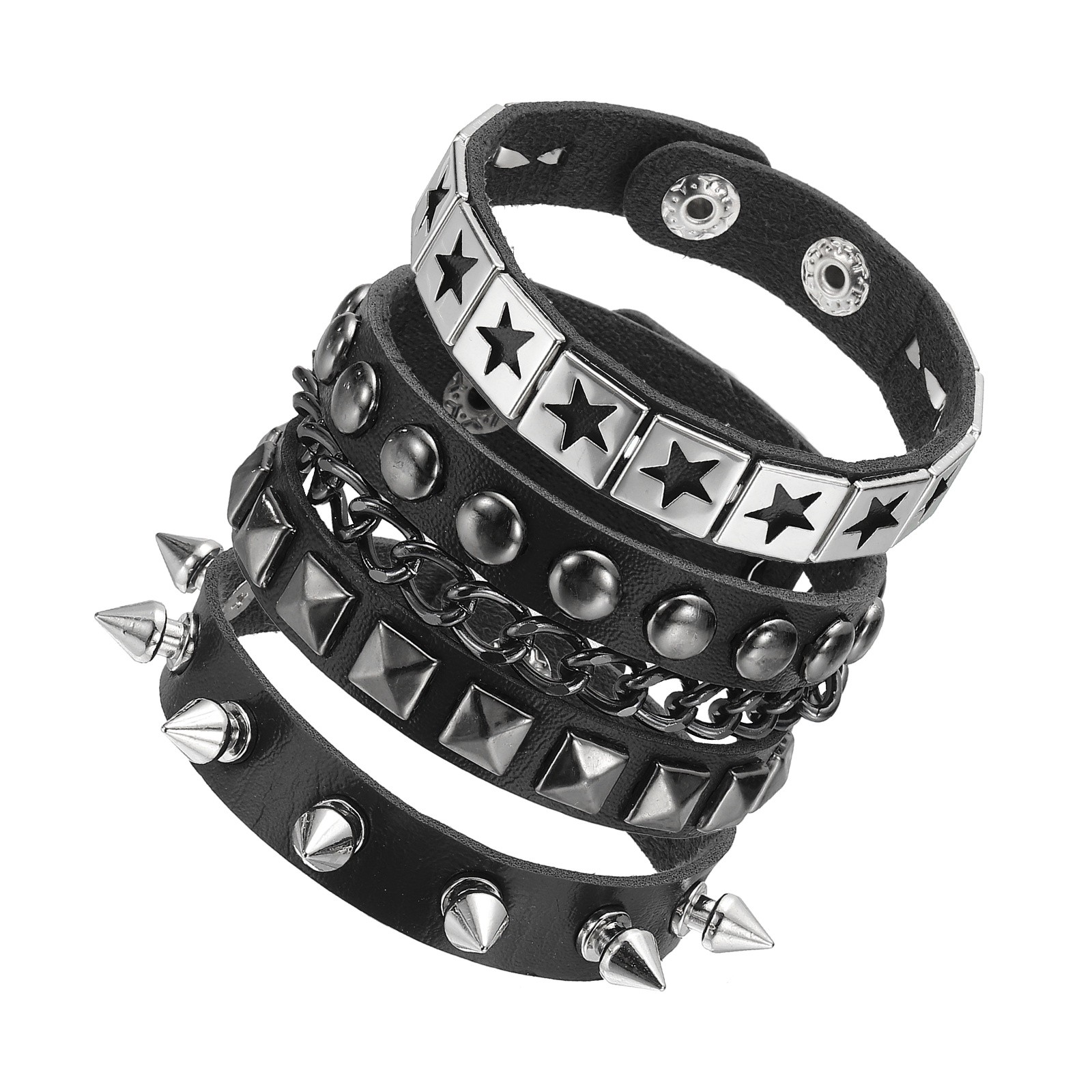 3Pcs Rock Studded Bracelet Set 8.7″/22cm Adjustable Bracelets Black