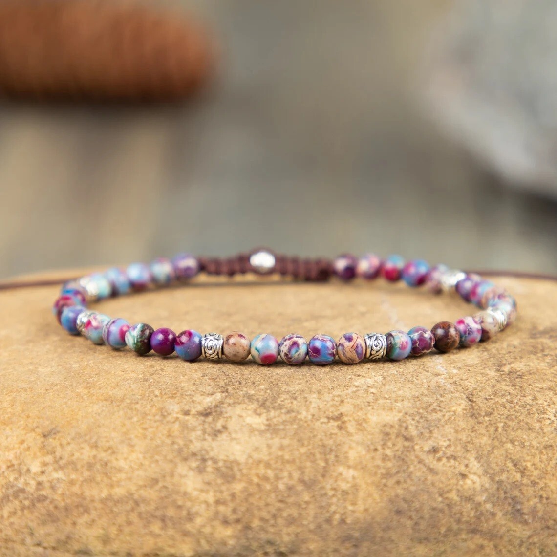 Natural Sea Sediment Imperial Jasper Stone Braided Bracelet for Protection Peace