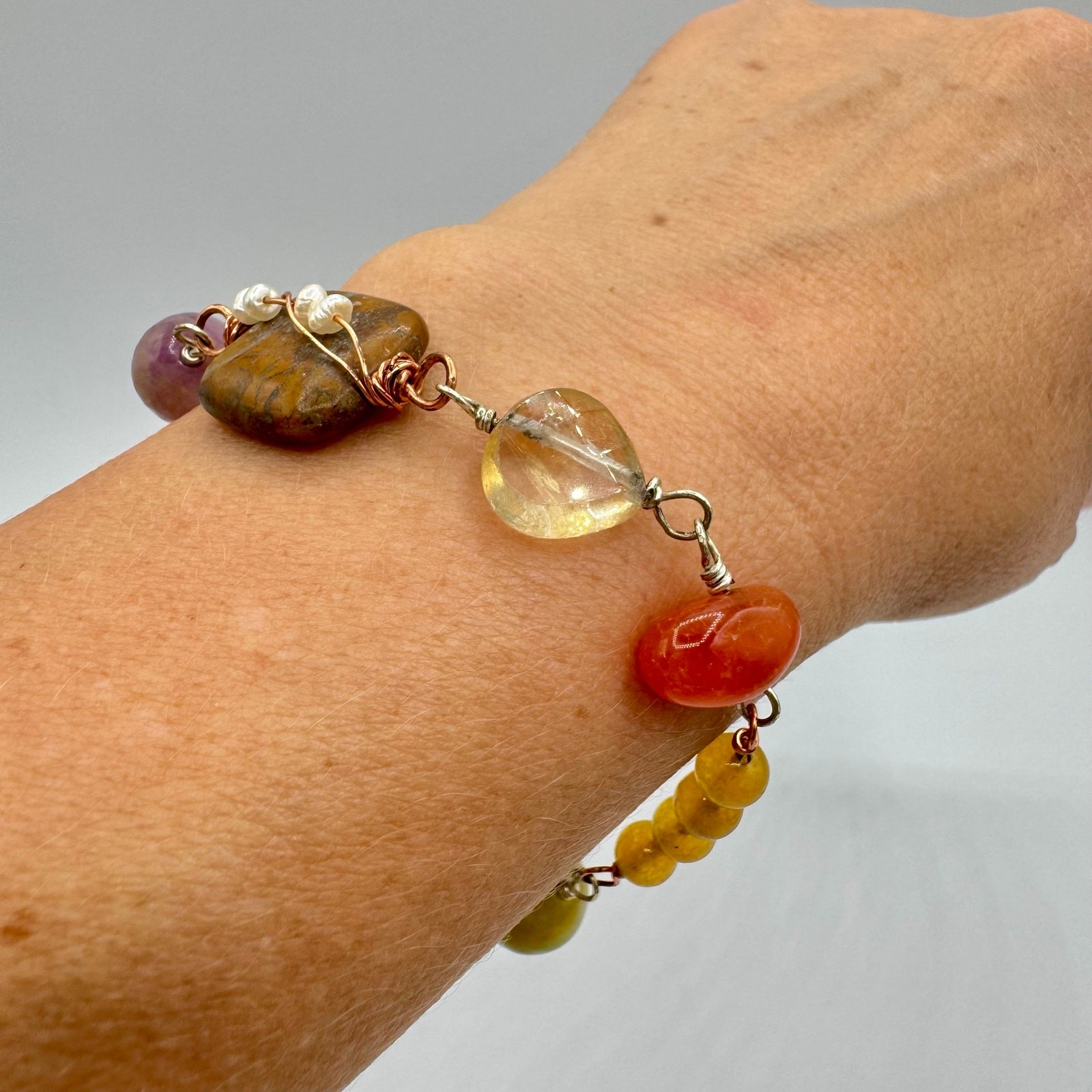 Handmade Gemstone Bead Wirework Bracelet Colorful Mixed Metal 6 3/4” Rockhound