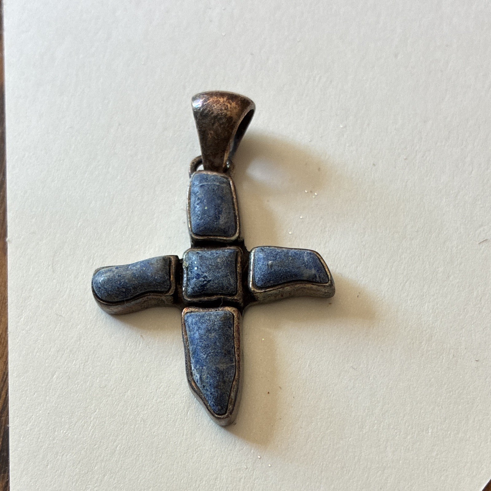 Blue Stone Inlay Cross Pendant Charm Silver-Tone Metal Religious w/ 5 Stones
