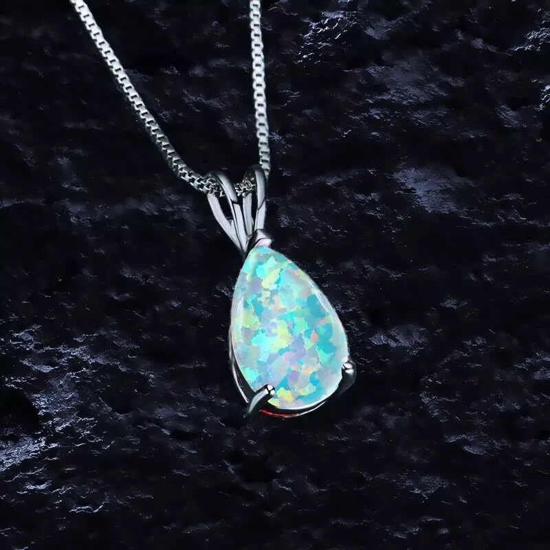 Minimalist Droplet White Fire Opal Pendant Sterling Silver Dainty Necklace Gift