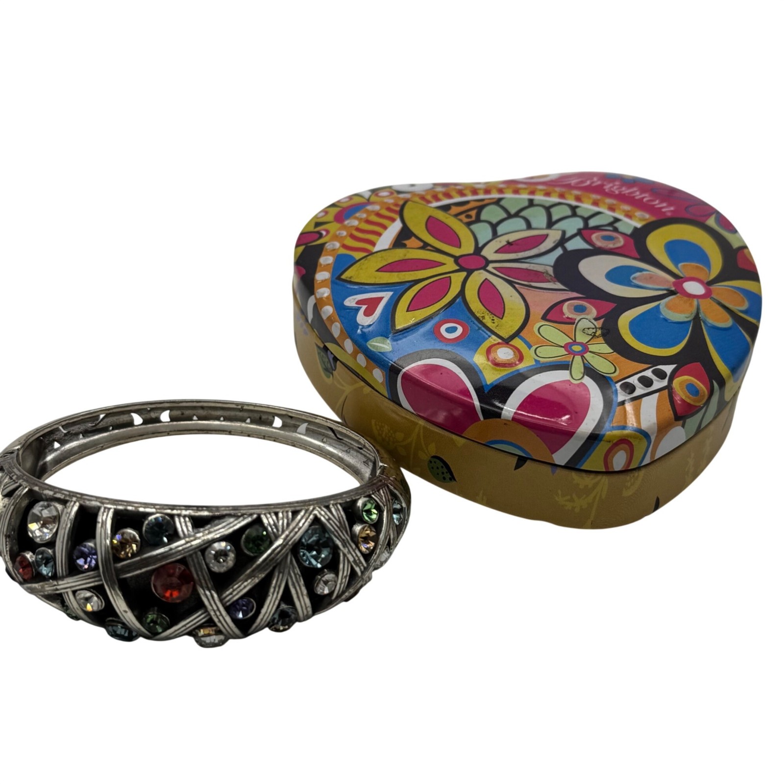 Swarovski Crystal Brighton Bangle Bracelet Rhinestone Silver-Tone Heart Tin Box