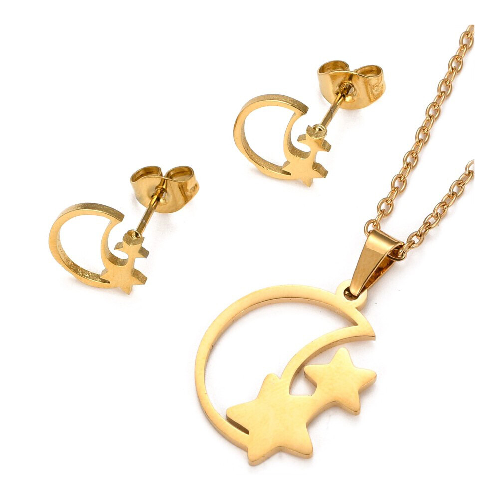 Stainless Steel Set Pendant Necklace Earrings Moon Star 15.7″ 0.7mm Z816