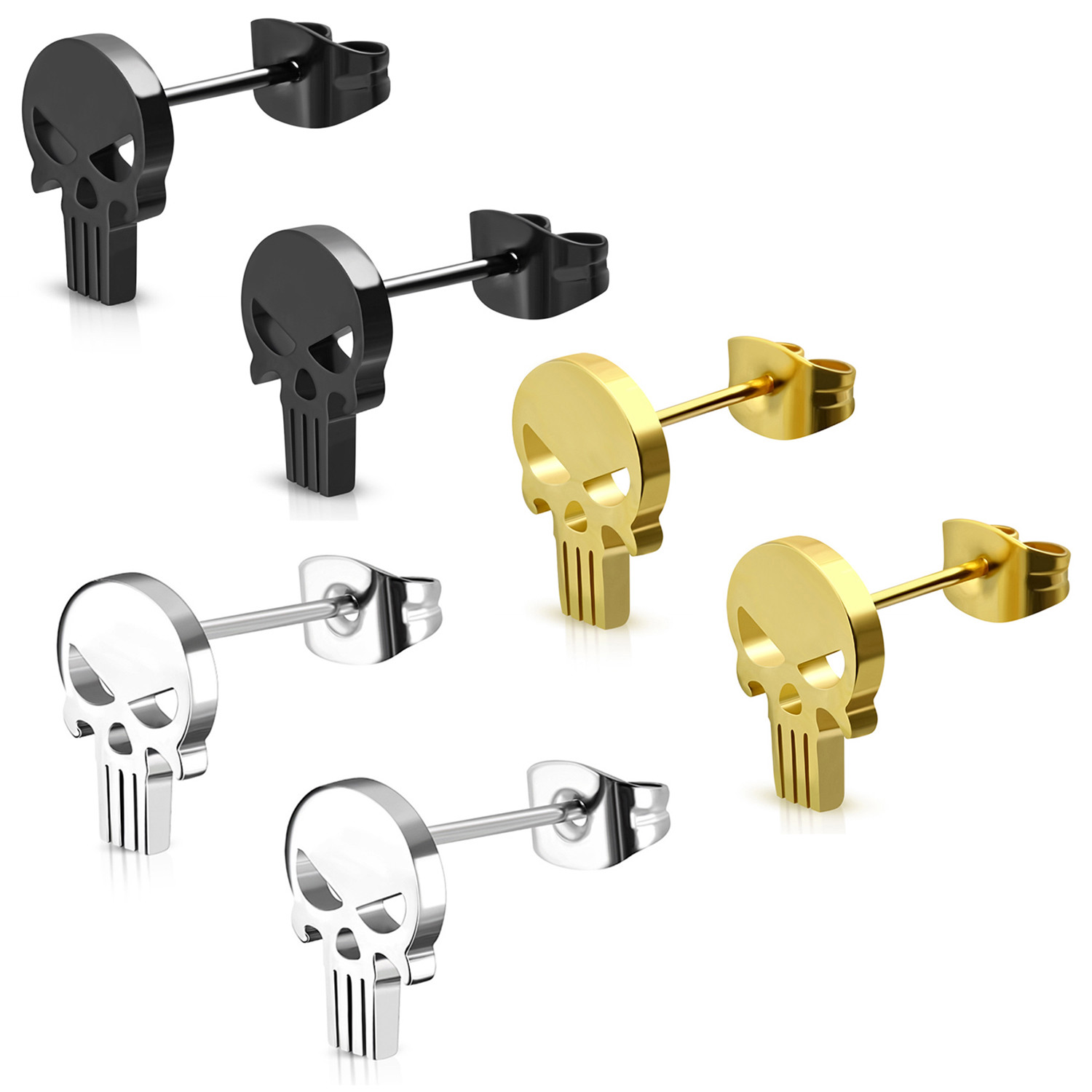 Stainless Steel Punisher Skull Cut-Out Button Stud Post Piercing Earrings
