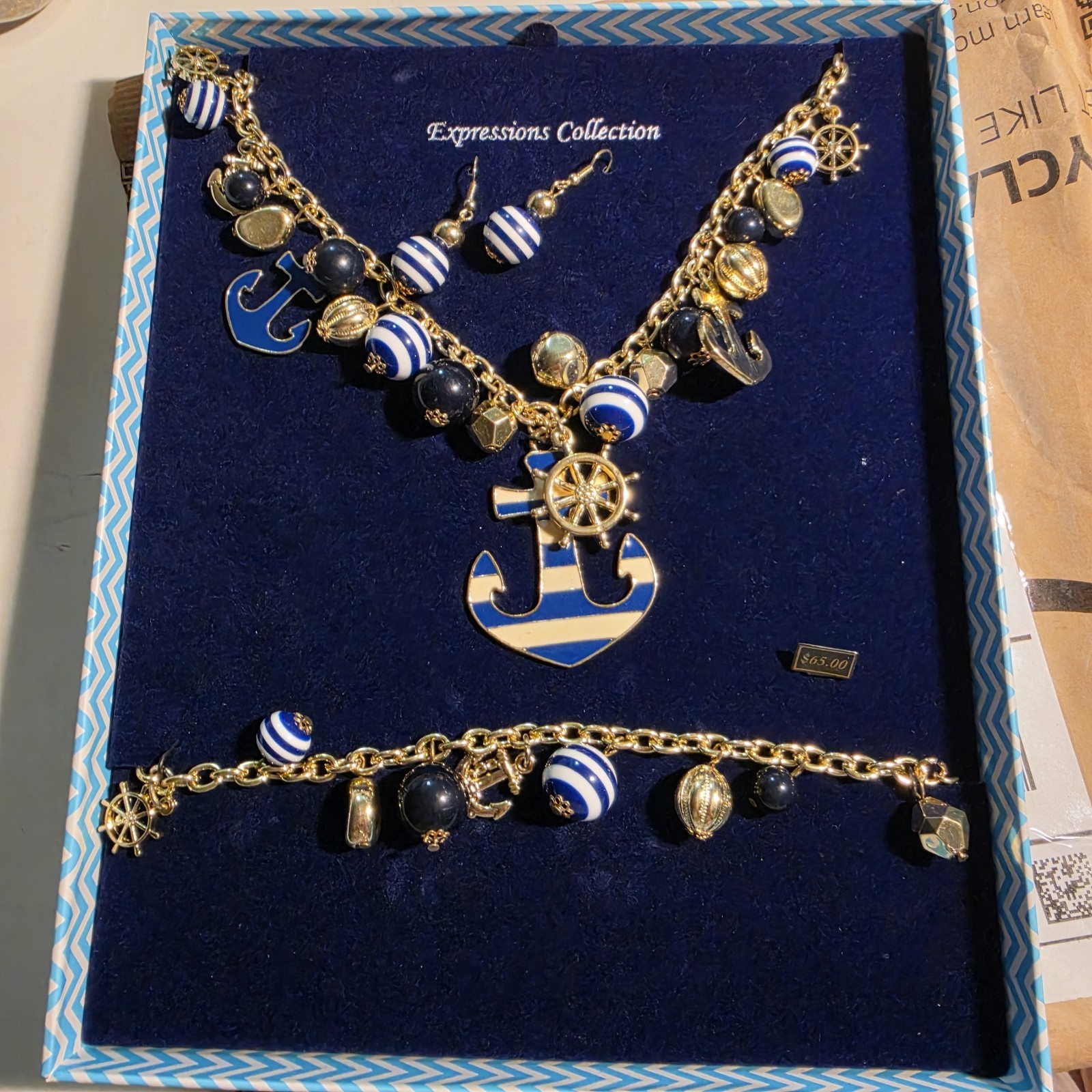 Nautical Necklace Bracelet Earring Set Charms Enamel Anchor Striped Beach Sea