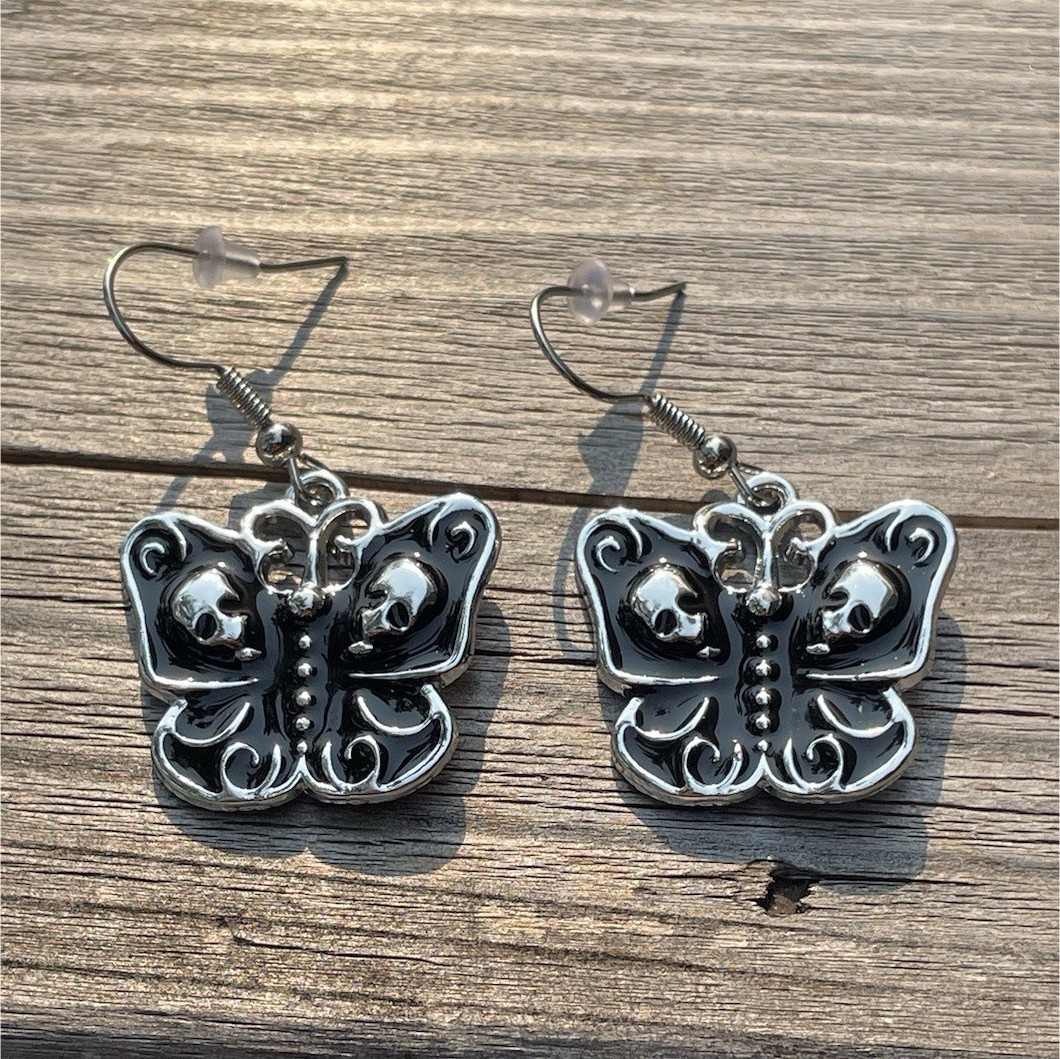Black And Silver Tone Gothic Metal Butterfly Dangle Drop Hook Earrings No Stone