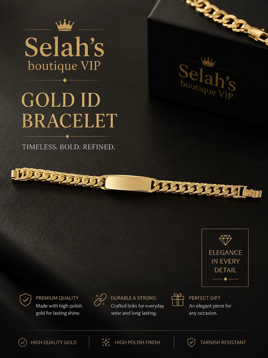 None tarnished none fade Gold tone High Polish ID Curb Link Bracelet Box Closure