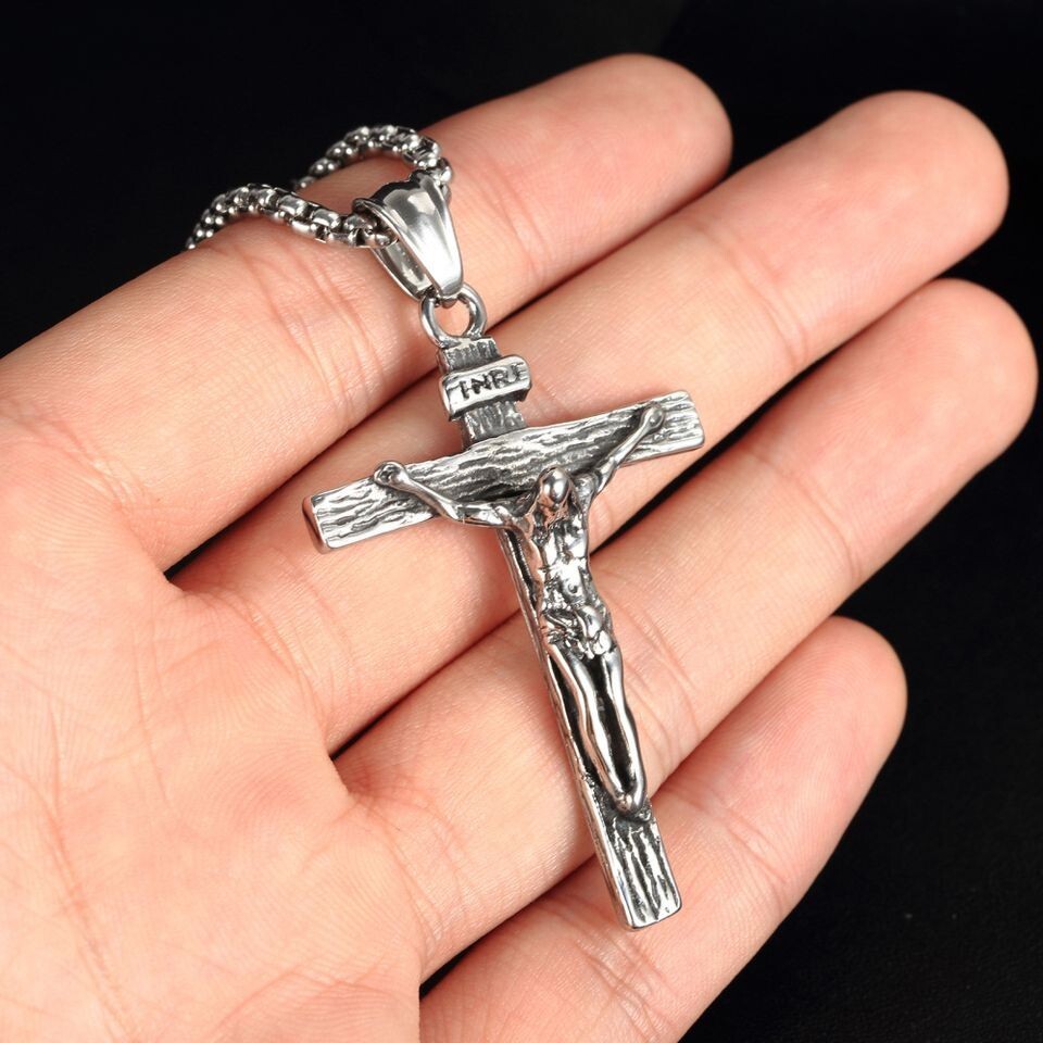 Mens Silver Stainless Steel Jesus Christ Crucifix Cross, Necklace Chain 24″