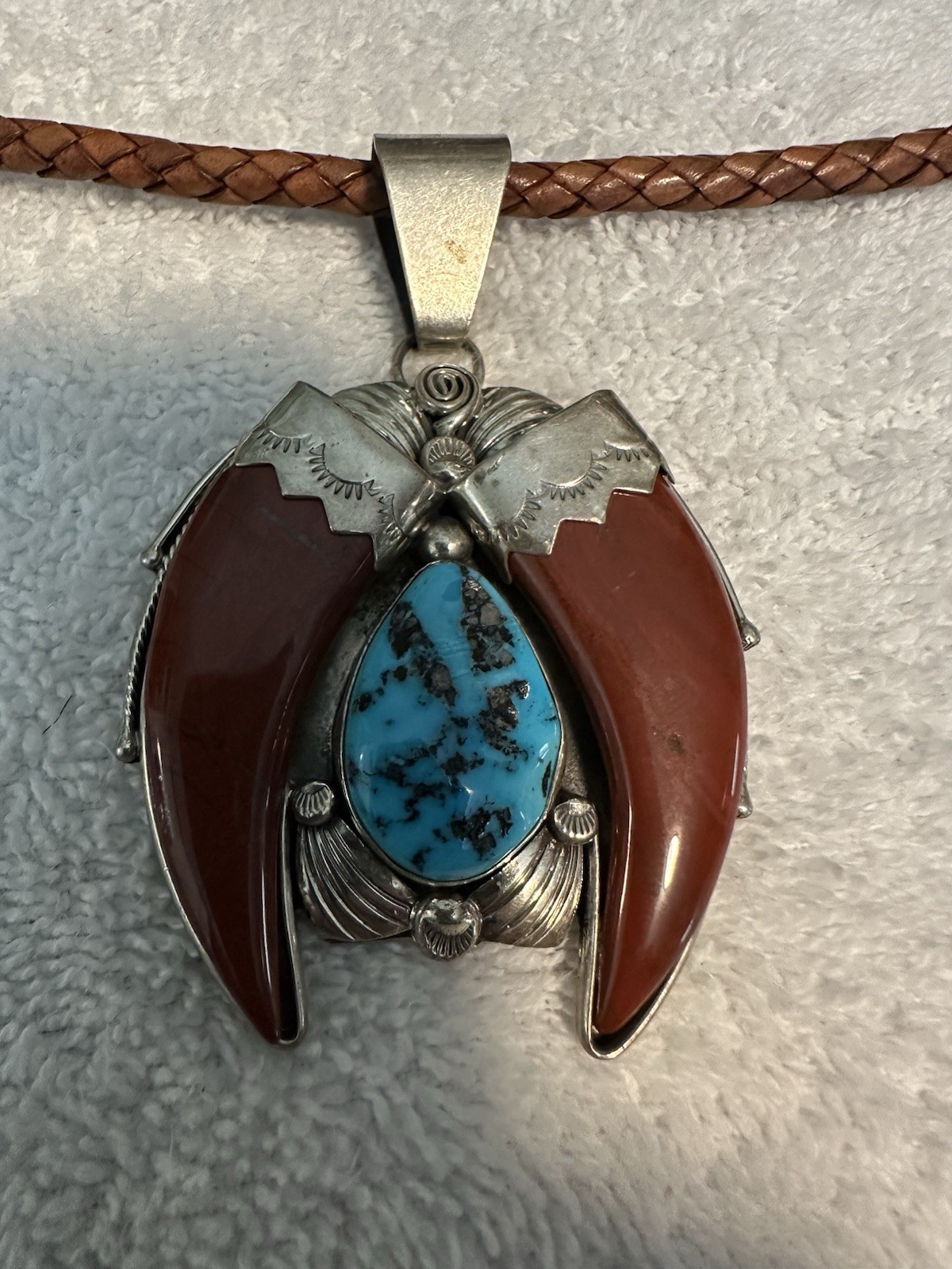 Native Made Signed RB925 Sterling Silver Turquoise & Jasper Pendant Necklace 22″